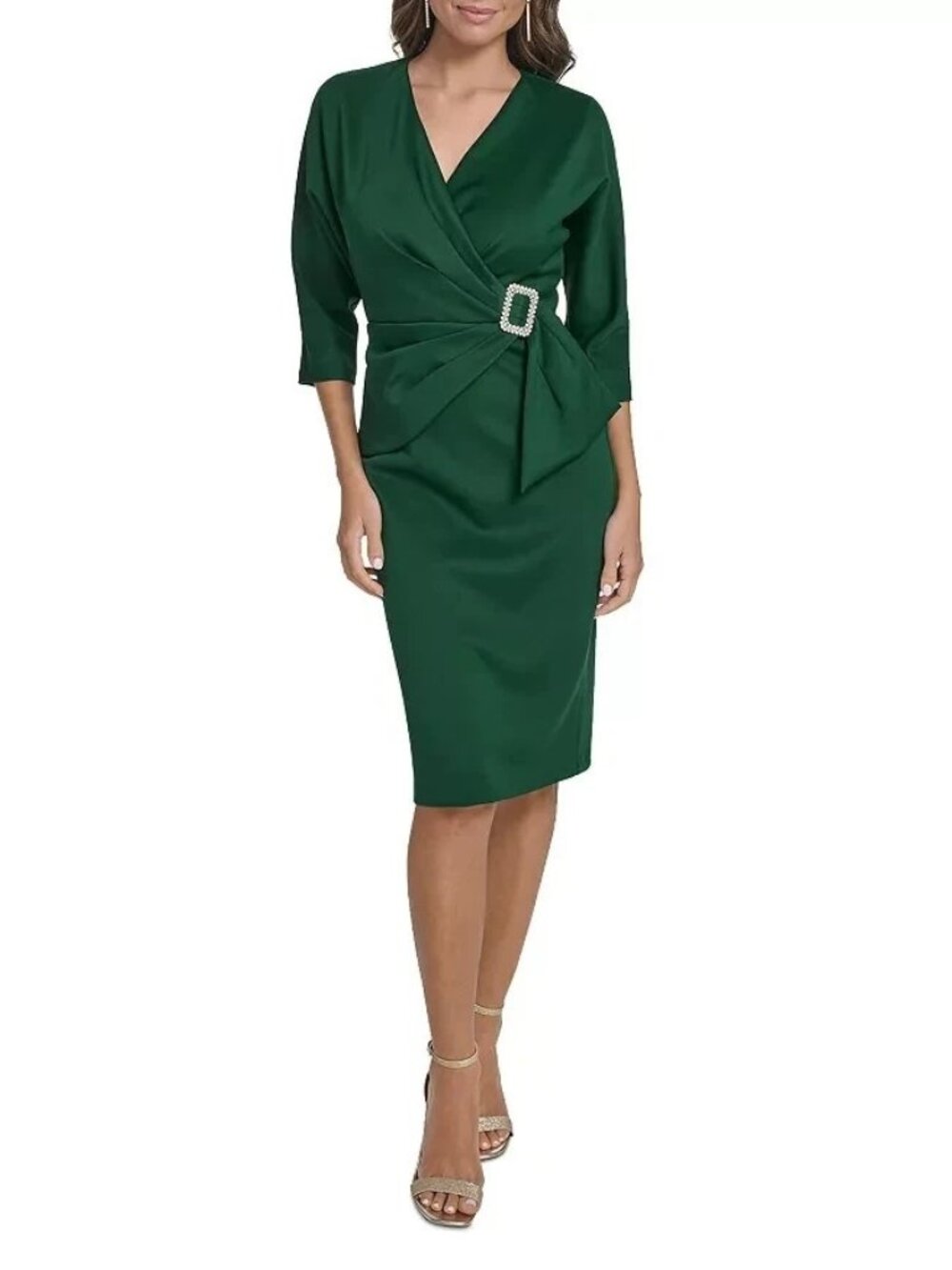 Eliza J Hunter Green Side Drape Three Quarter Sleeve Cocktail Dress